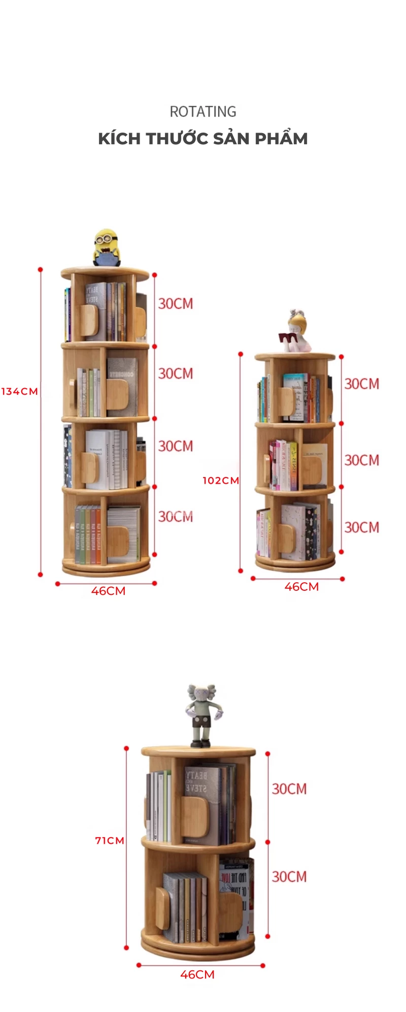 kích thước chi tiết của Kệ sách gỗ tự nhiên xoay đa năng, thiết kế thông minh SD261