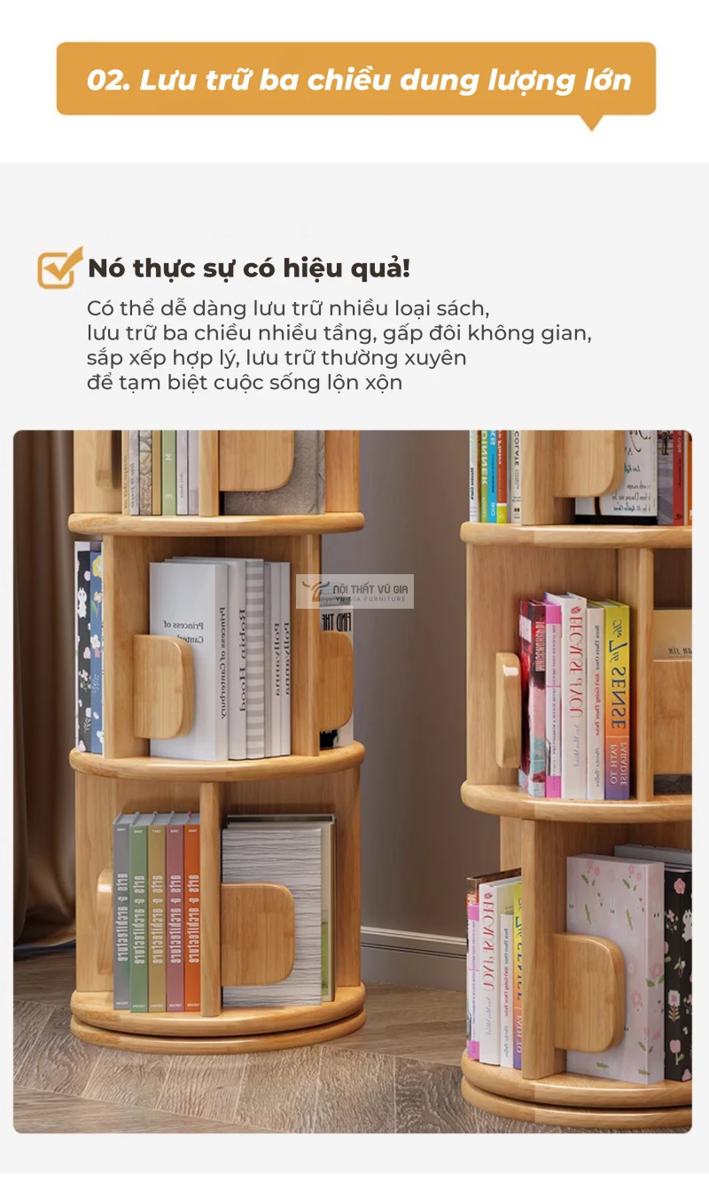thiết kế lưu trữ ba chiều tối ưu không gian của Kệ sách gỗ tự nhiên xoay đa năng, thiết kế thông minh SD261