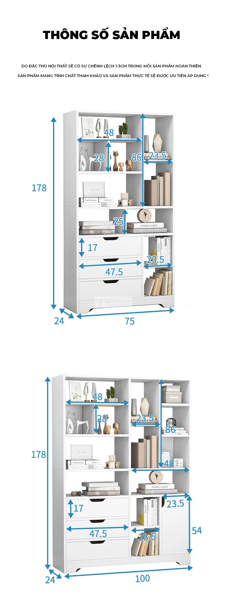 kích thước chi tiết của Kệ sách thiết kế đa lưu trữ SD100