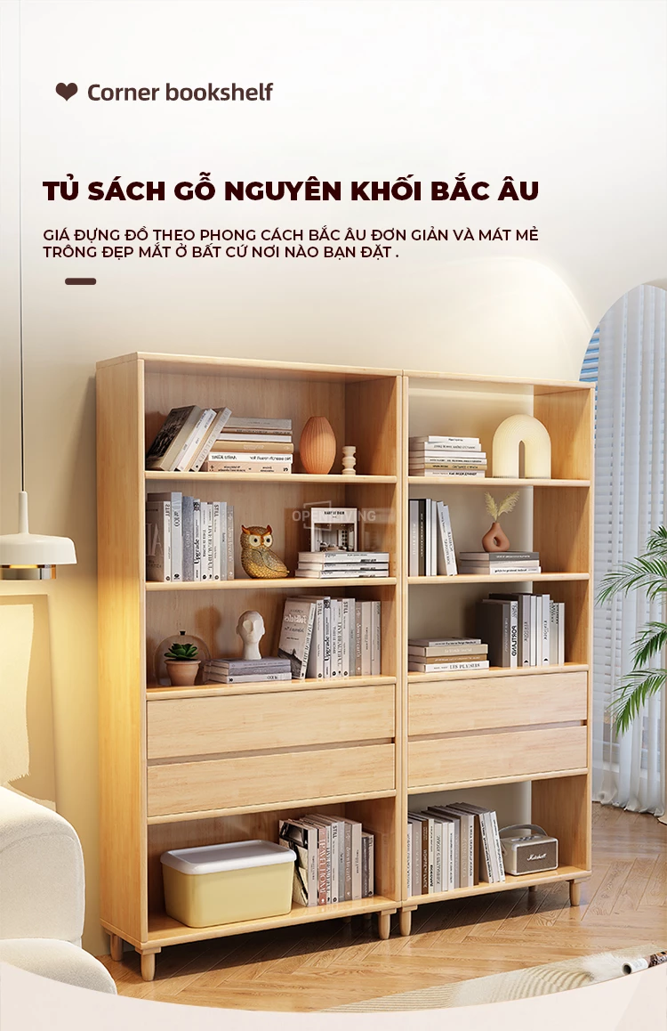 Kệ sách trang trí OpenLiving OTT 028 làm từ gỗ tự nhiên, thiết kế nhiều ngăn decor và ngăn kéo linh hoạt, giúp tối ưu hóa không gian lưu trữ và trưng bày. Sản phẩm mang phong cách hiện đại, sang trọng, hoàn hảo cho việc sắp xếp sách và vật dụng trong không gian sống.