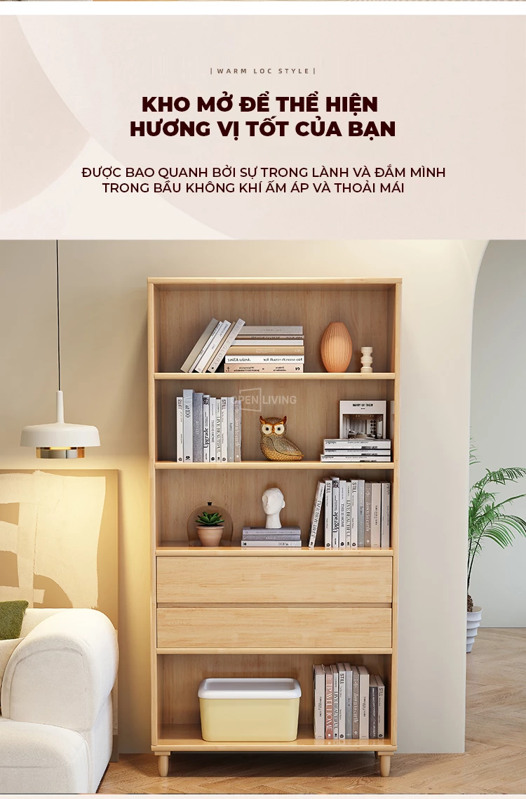 Kệ sách trang trí OpenLiving OTT 028 làm từ gỗ tự nhiên, thiết kế nhiều ngăn decor và ngăn kéo linh hoạt, giúp tối ưu hóa không gian lưu trữ và trưng bày. Sản phẩm mang phong cách hiện đại, sang trọng, hoàn hảo cho việc sắp xếp sách và vật dụng trong không gian sống.