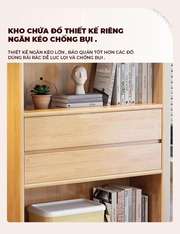 Kệ sách trang trí OpenLiving OTT 028 làm từ gỗ tự nhiên, thiết kế nhiều ngăn decor và ngăn kéo linh hoạt, giúp tối ưu hóa không gian lưu trữ và trưng bày. Sản phẩm mang phong cách hiện đại, sang trọng, hoàn hảo cho việc sắp xếp sách và vật dụng trong không gian sống.