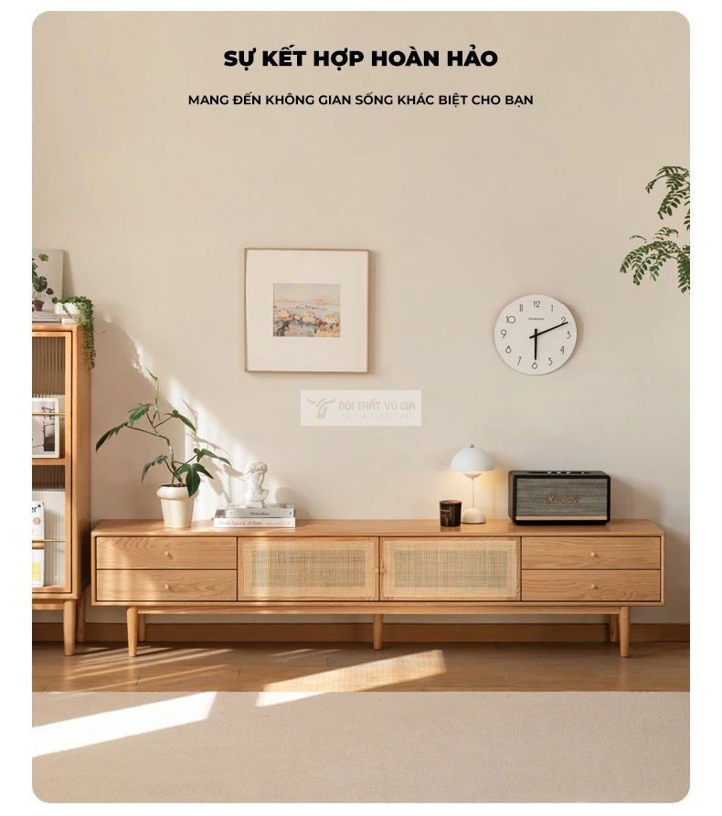 phong cách thiết kế kết hợp hoàn hảo của Kệ tivi gỗ tự nhiên kết hợp cánh mây hiện đại CBK14