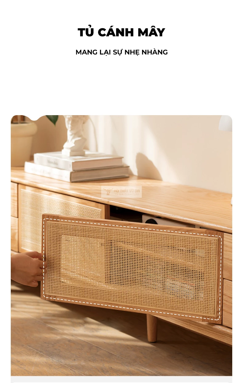 thiết kế cánh mây tinh tế của Kệ tivi gỗ tự nhiên kết hợp cánh mây hiện đại CBK14