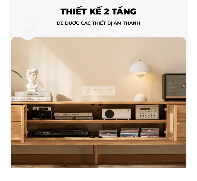 kết cấu không gian lưu trữ của Kệ tivi gỗ tự nhiên kết hợp cánh mây hiện đại CBK14