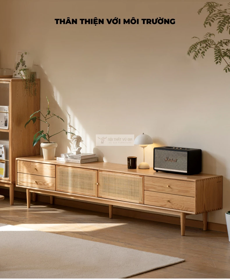 Kệ tivi gỗ tự nhiên kết hợp cánh mây hiện đại CBK14 sử dụng chất liệu thân thiện với môi trường