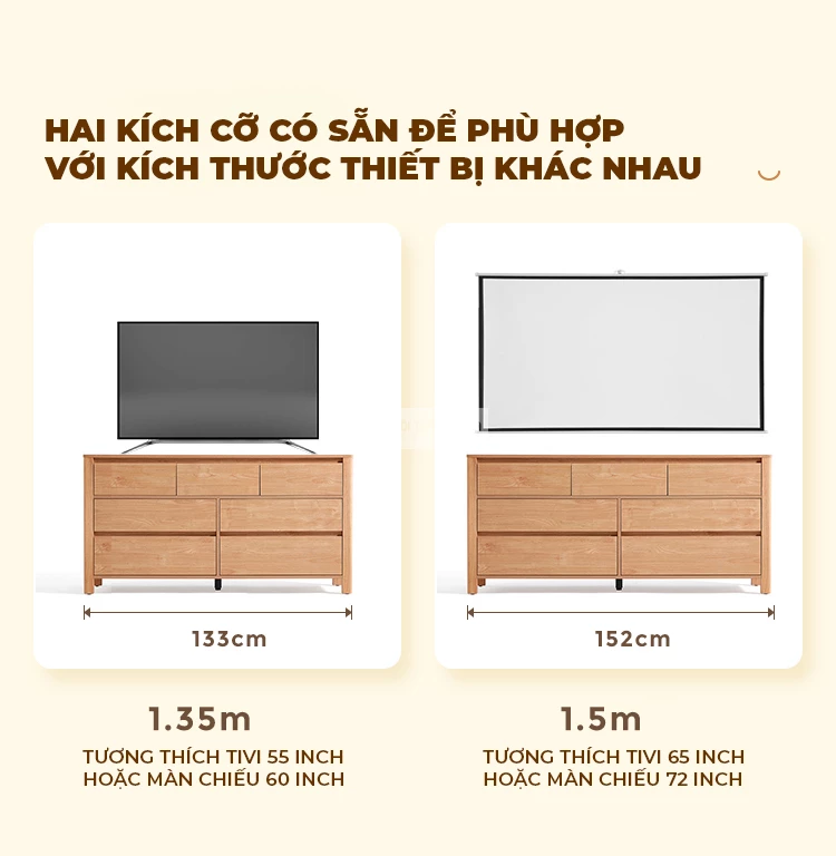 tương thích với nhiều tivi kích thước nhau của Kệ tivi gỗ tự nhiên phong cách tối giản LV57