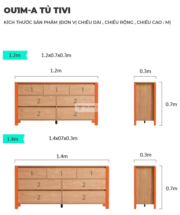 kích thước chi tiết của Kệ tivi gỗ tự nhiên phong cách tối giản LV57