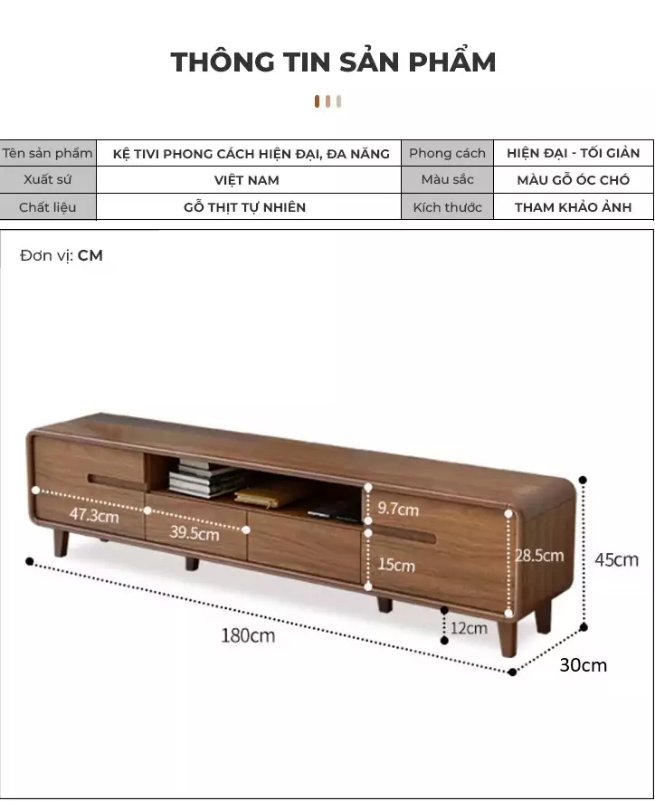 kích thước chi tiết của Kệ tivi gỗ tự nhiên thiết kế thanh lịch LV13