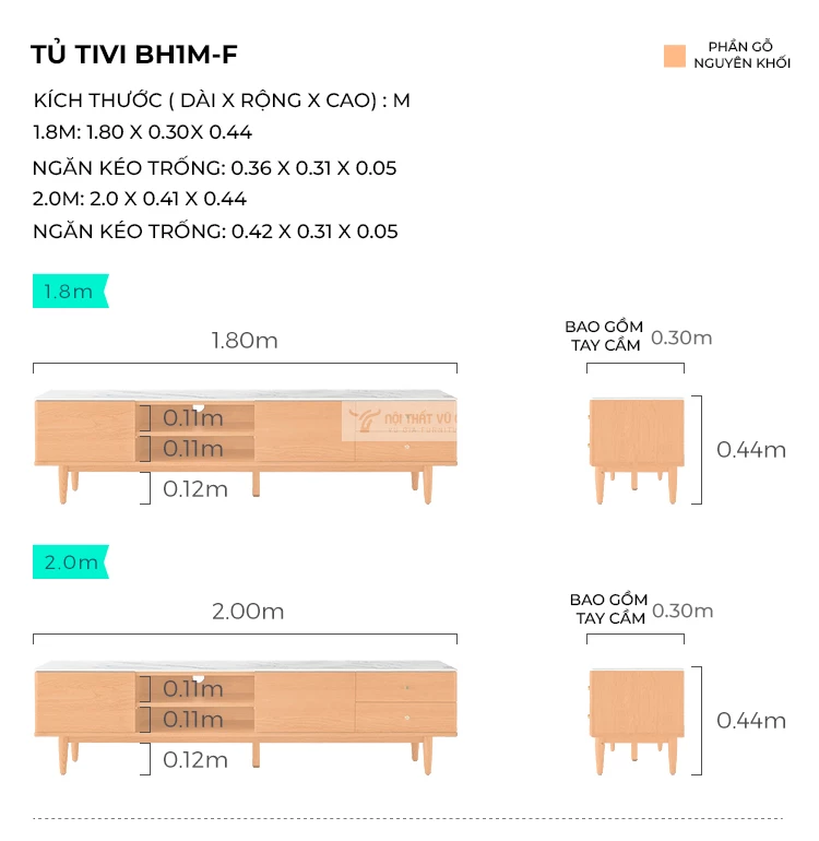 kích thước chi tiết của Kệ tivi gỗ tự nhiên tối giản LV56