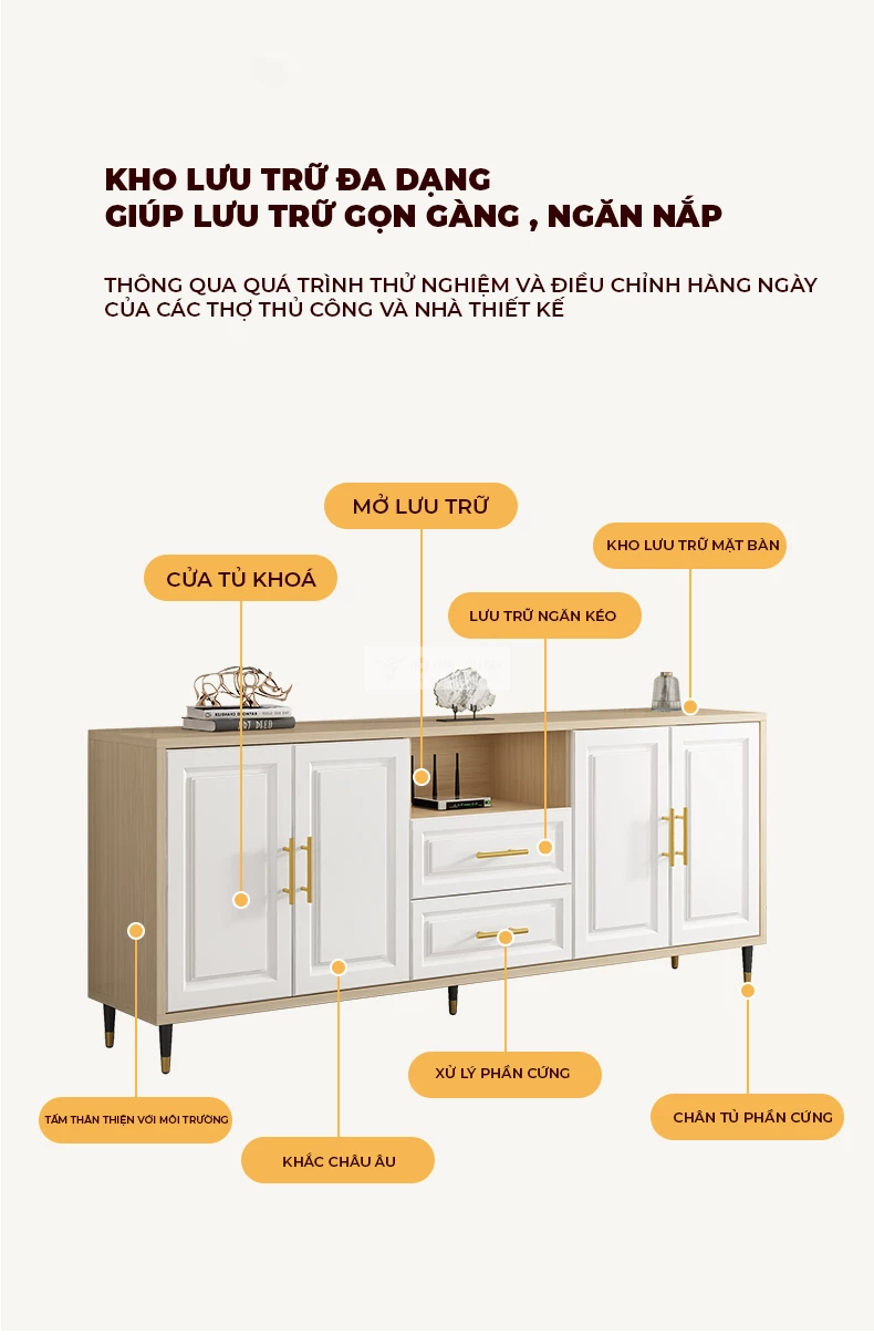 chi tiết không gian lưu trữ của Kệ tivi sàn cánh huỳnh hiện đại LV62