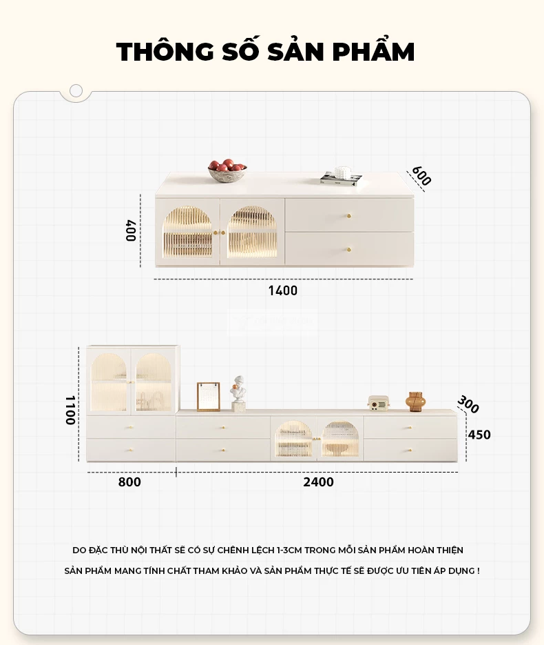kích thước chi tiết của Kệ tivi sàn kết hợp tủ đa năng lv67