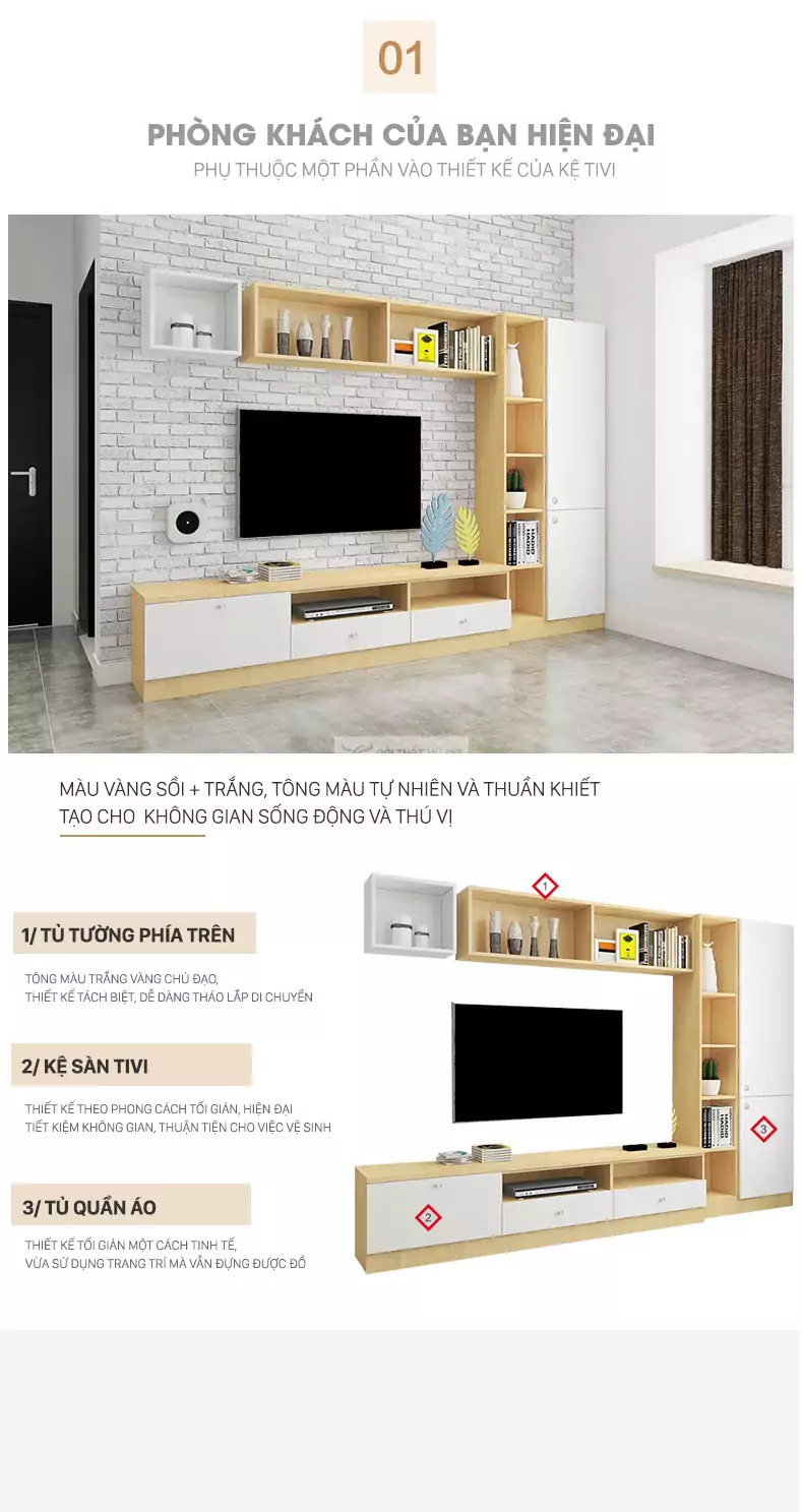 phong cách thiết kế hiện đại của Kệ tivi sàn kết hợp tủ và kệ treo LV31