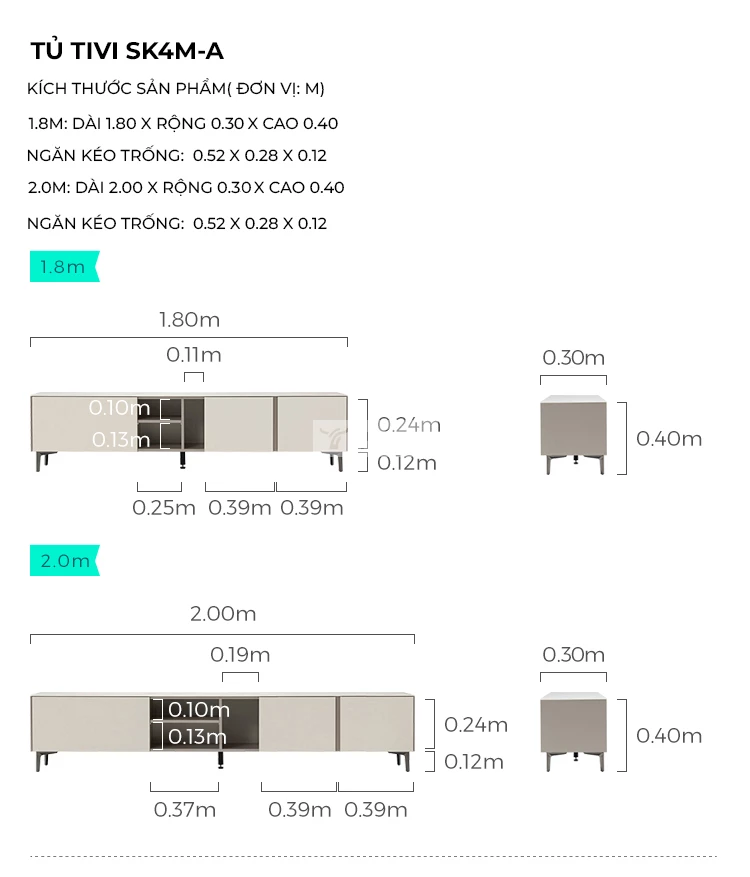 kích thước chi tiết của Kệ tivi sàn thiết kế hiện đại LV51