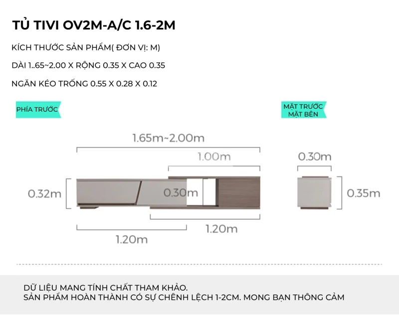 kích thước chi tiết của Kệ tivi sàn thiết kế hiện đại LV55