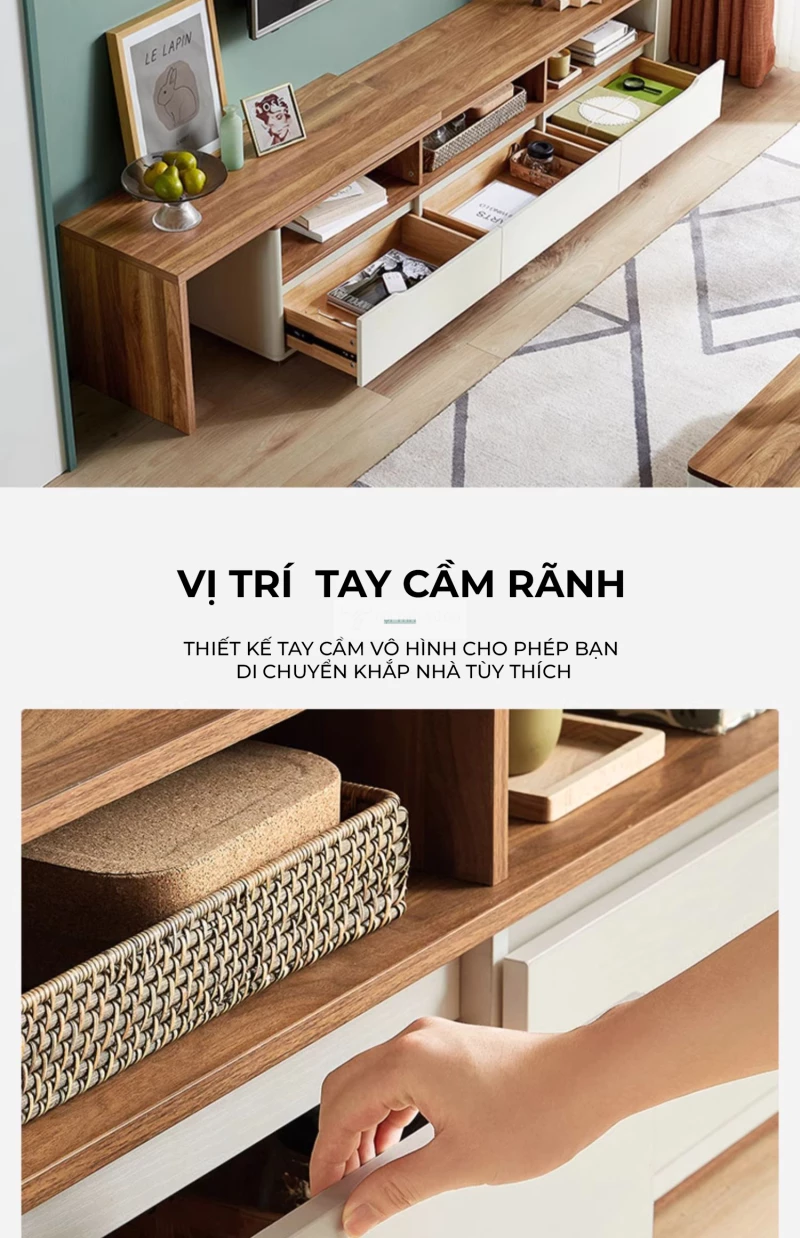 thiết kế tay cầm ẩn tinh tế của Kệ tivi sàn thiết kế hiện đại, thanh lịch LV54