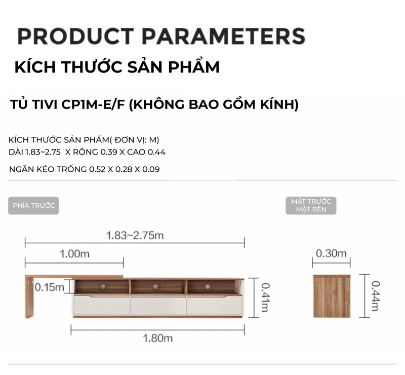 kích thước chi tiết của Kệ tivi sàn thiết kế hiện đại, thanh lịch LV54