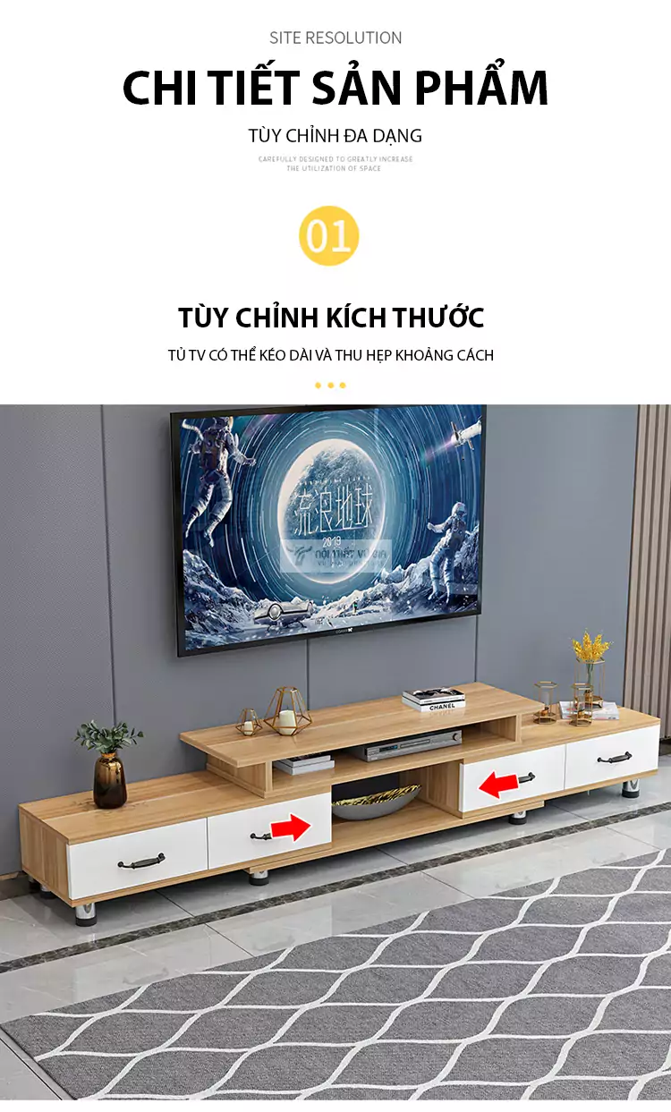 thiết kế tùy chỉnh kích thước linh hoạt của Kệ tivi sàn tích hợp ngăn tủ LV24