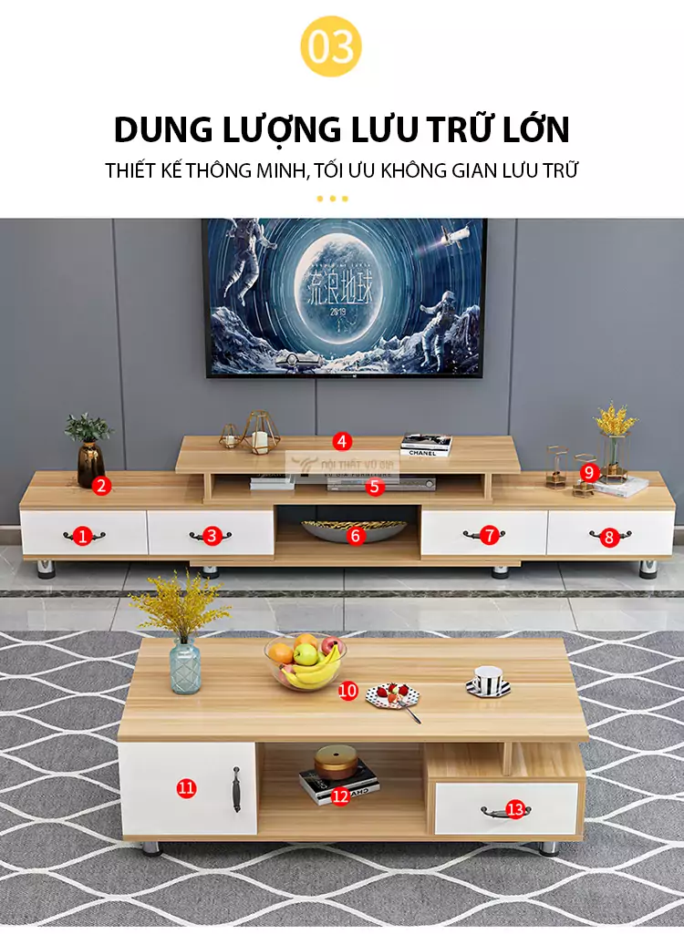 thiết kế không gian lưu trữ lớn của Kệ tivi sàn tích hợp ngăn tủ LV24