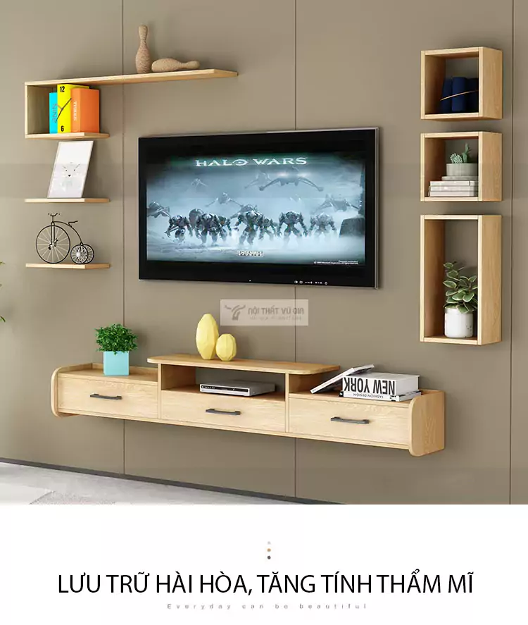phong cách thiết kế tối giản của Kệ tivi treo tường kết hợp kệ trang trí LV36