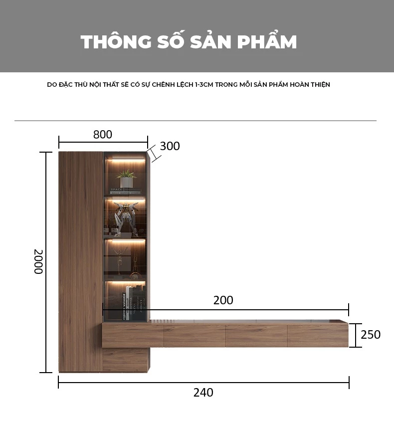 kích thước chi tiết của Kệ tivi treo tường kết hợp tủ đa năng LV65