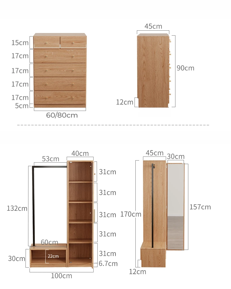 kích thước chi tiết của Kệ treo quần áo gỗ tự nhiên thiết kế đa lưu trữ BR172