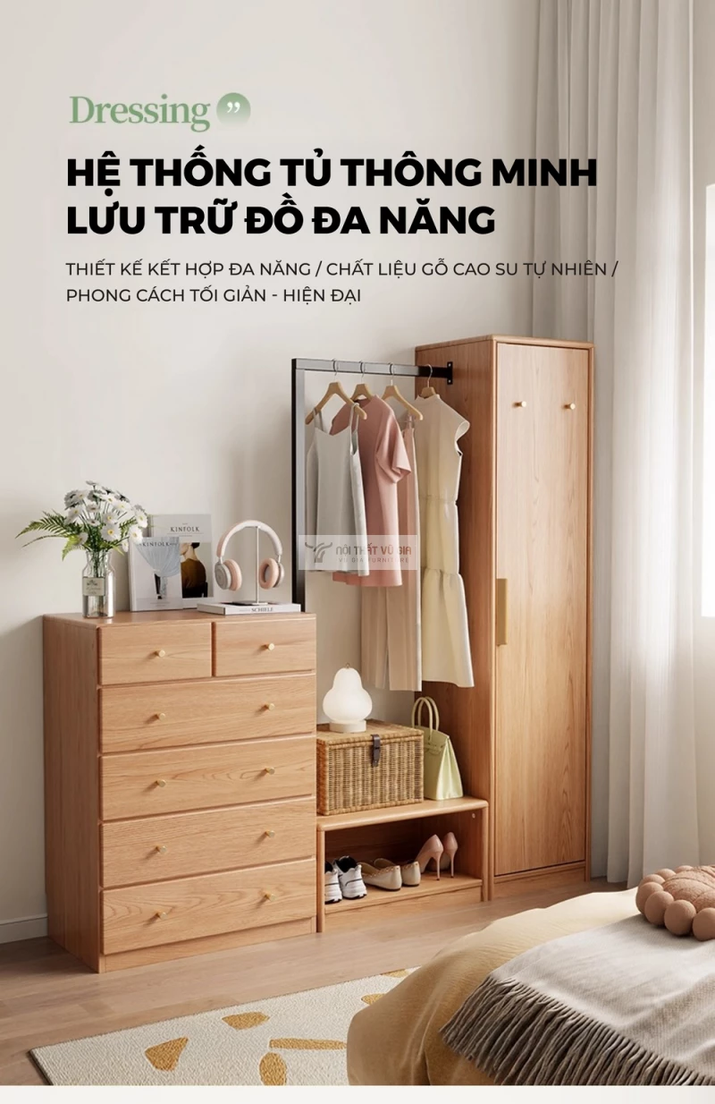 Kệ treo quần áo gỗ tự nhiên thiết kế đa lưu trữ BR172