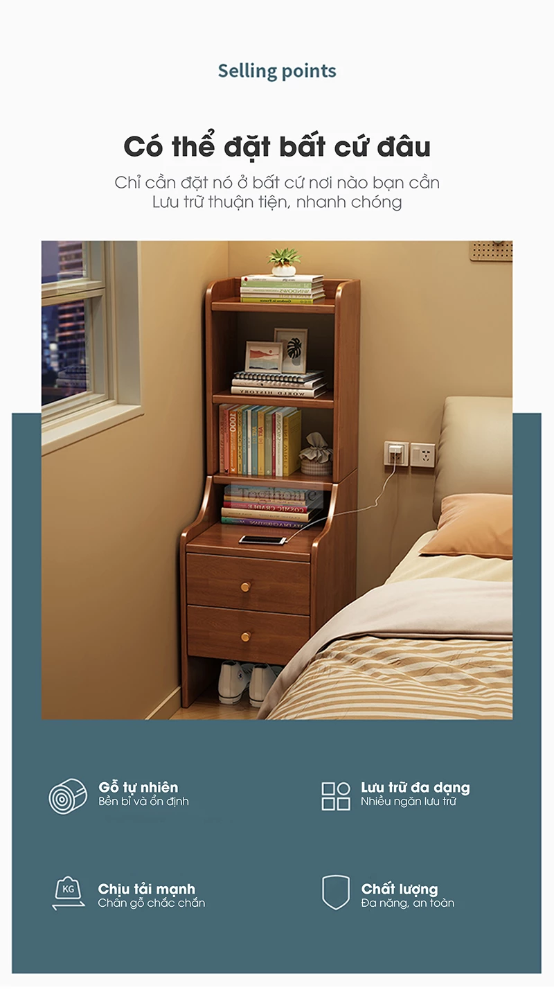 Kệ – Tủ – Tab đầu giường TDG 209 làm từ gỗ tự nhiên cao cấp, thiết kế hiện đại kết hợp đường nét thanh lịch. Phù hợp với nhiều không gian phòng ngủ. Ngăn kéo rộng rãi, tiện lợi cho việc lưu trữ. Chân cao tạo cảm giác thoáng đãng, dễ vệ sinh bên dưới.