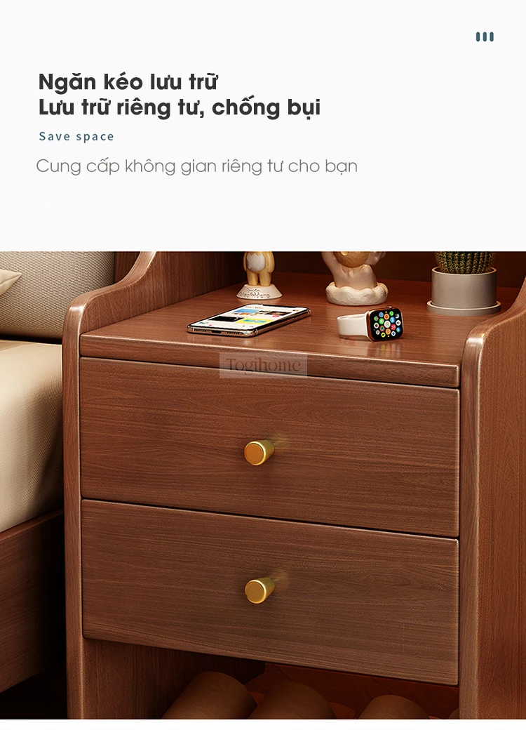 Kệ – Tủ – Tab đầu giường TDG 209 làm từ gỗ tự nhiên cao cấp, thiết kế hiện đại kết hợp đường nét thanh lịch. Phù hợp với nhiều không gian phòng ngủ. Ngăn kéo rộng rãi, tiện lợi cho việc lưu trữ. Chân cao tạo cảm giác thoáng đãng, dễ vệ sinh bên dưới.
