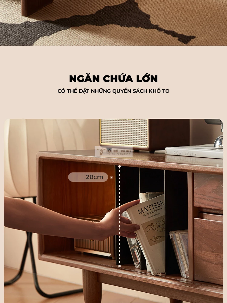 thiết kế ngăn chứa lớn của Kệ TV gỗ tự nhiên phong cách thanh lịch, hiện đại CBK6