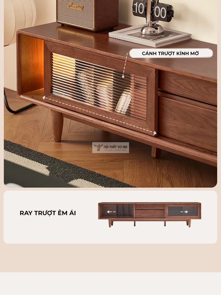 thiết kế cánh trượt của Kệ TV gỗ tự nhiên phong cách thanh lịch, hiện đại CBK6