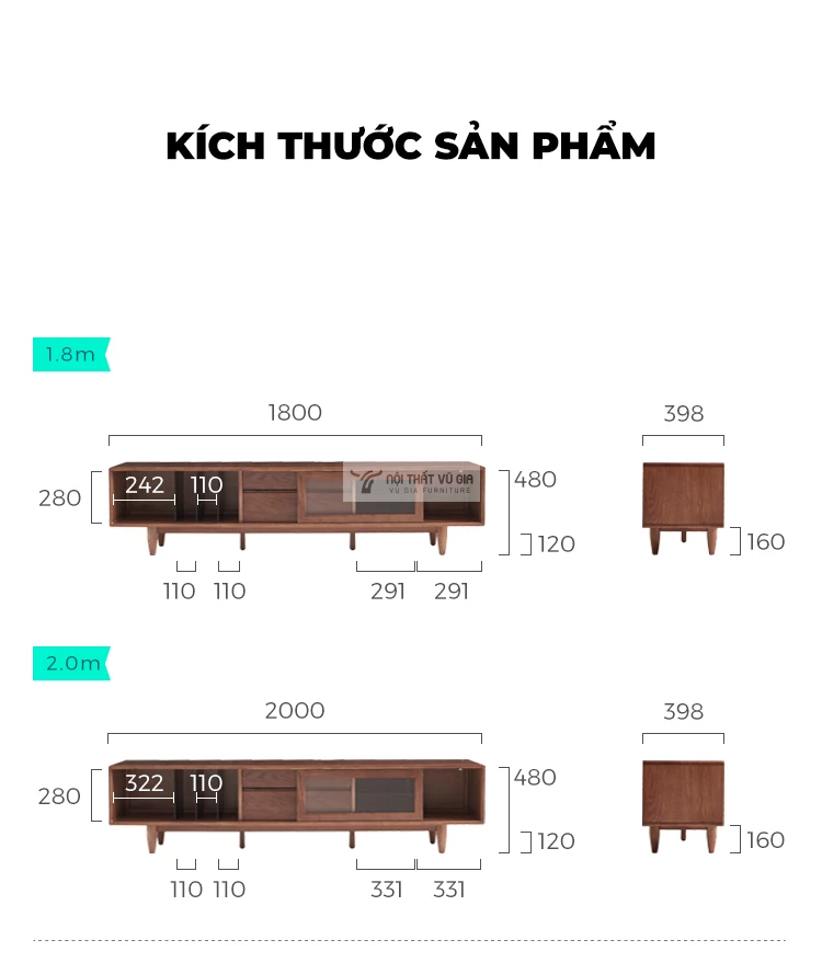 kích thước chi tiết của Kệ TV gỗ tự nhiên phong cách thanh lịch, hiện đại CBK6