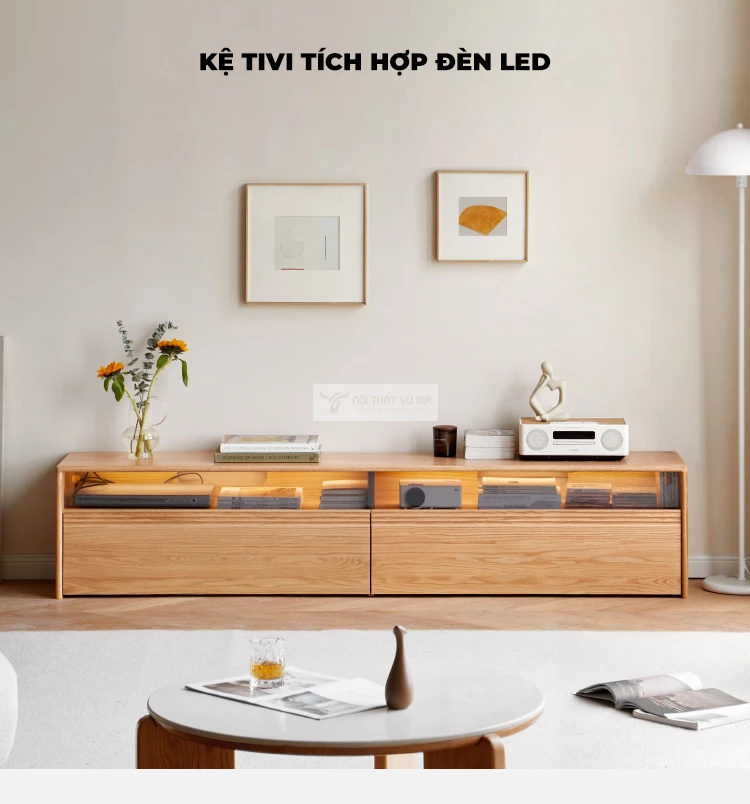 thiết kế tích hợp đền led của Kệ TV gỗ tự nhiên phong cách tối giản CBK8