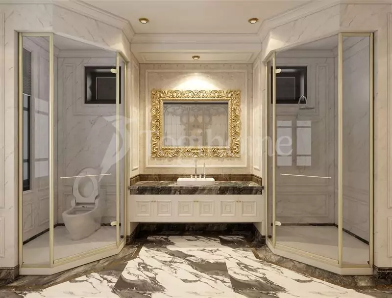 Nhà tắm theo phong cách tân cổ điển gồm phòng tắm bằng kính, gương cách điệu