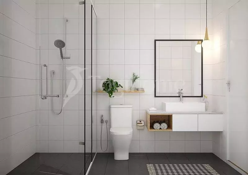 Nội thất phòng tắm tối giản đều có màu trắng hoặc nâu gỗ