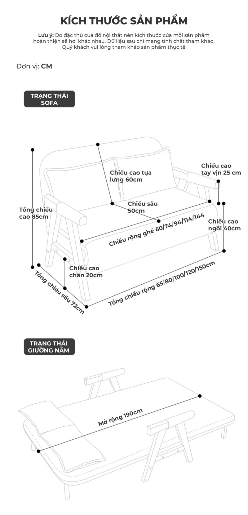 kích thước chi tiết của Sofa bed gấp đa năng, hiện đại SB29