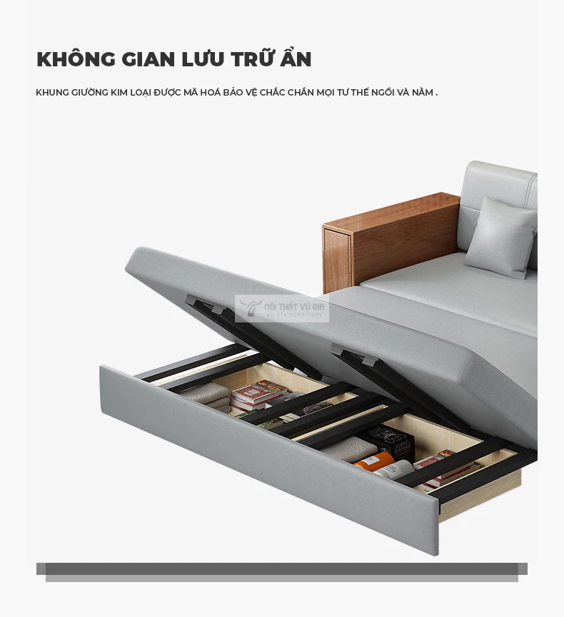 thiết kế không gian lưu trữ ẩn của Sofa bed kết hợp tay vịn hộc tủ đa năng SB28