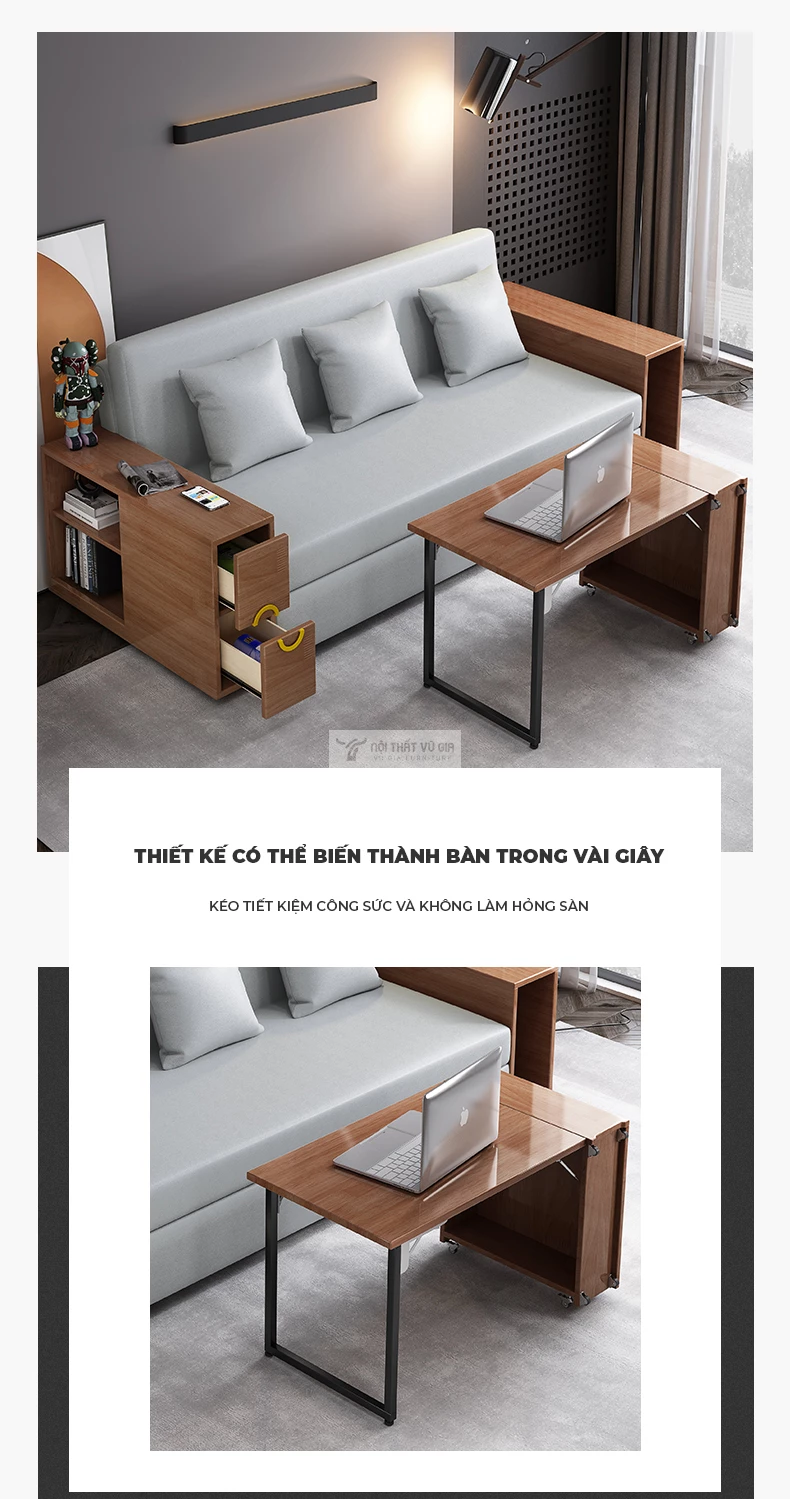 thiết kế kết hợp bàn gấp gọn đa năng của Sofa bed kết hợp tay vịn hộc tủ đa năng SB28