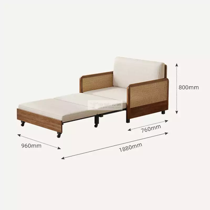 kích thước chi tiết của Sofa bed kết hợp tay vịn mây thanh lịch SB04