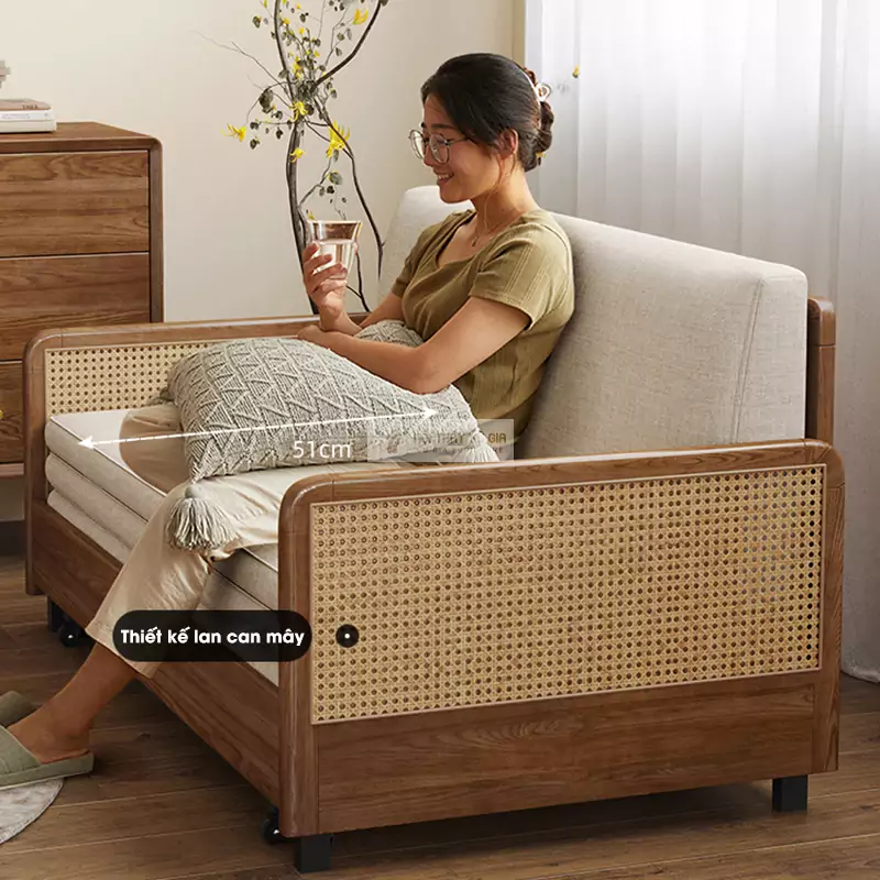 Sofa bed kết hợp tay vịn mây thanh lịch SB04 thiết kế lan can mây thanh lịch