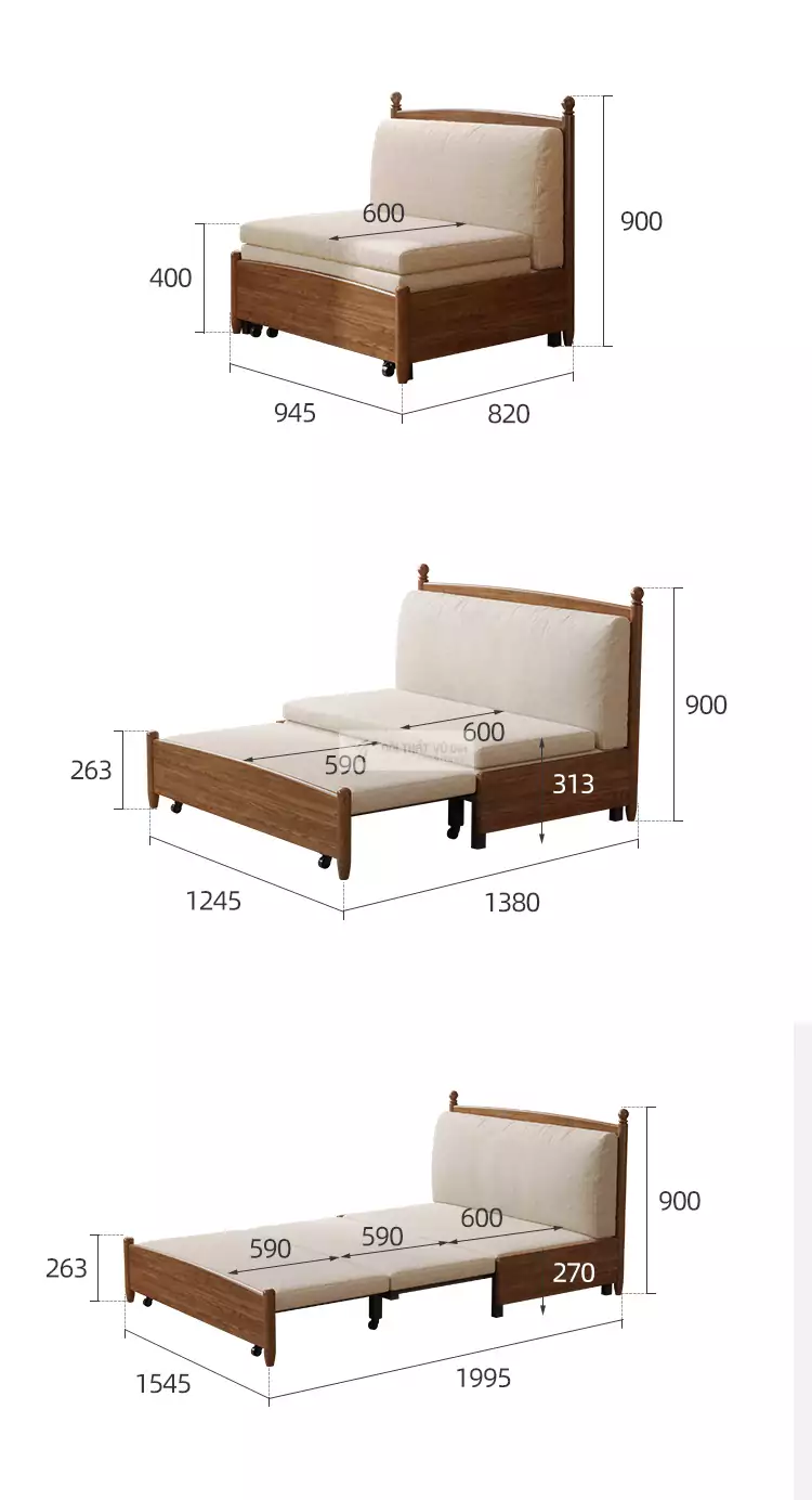 kích thước chi tiết của Sofa bed phong cách cổ điển, thanh lịch SB03