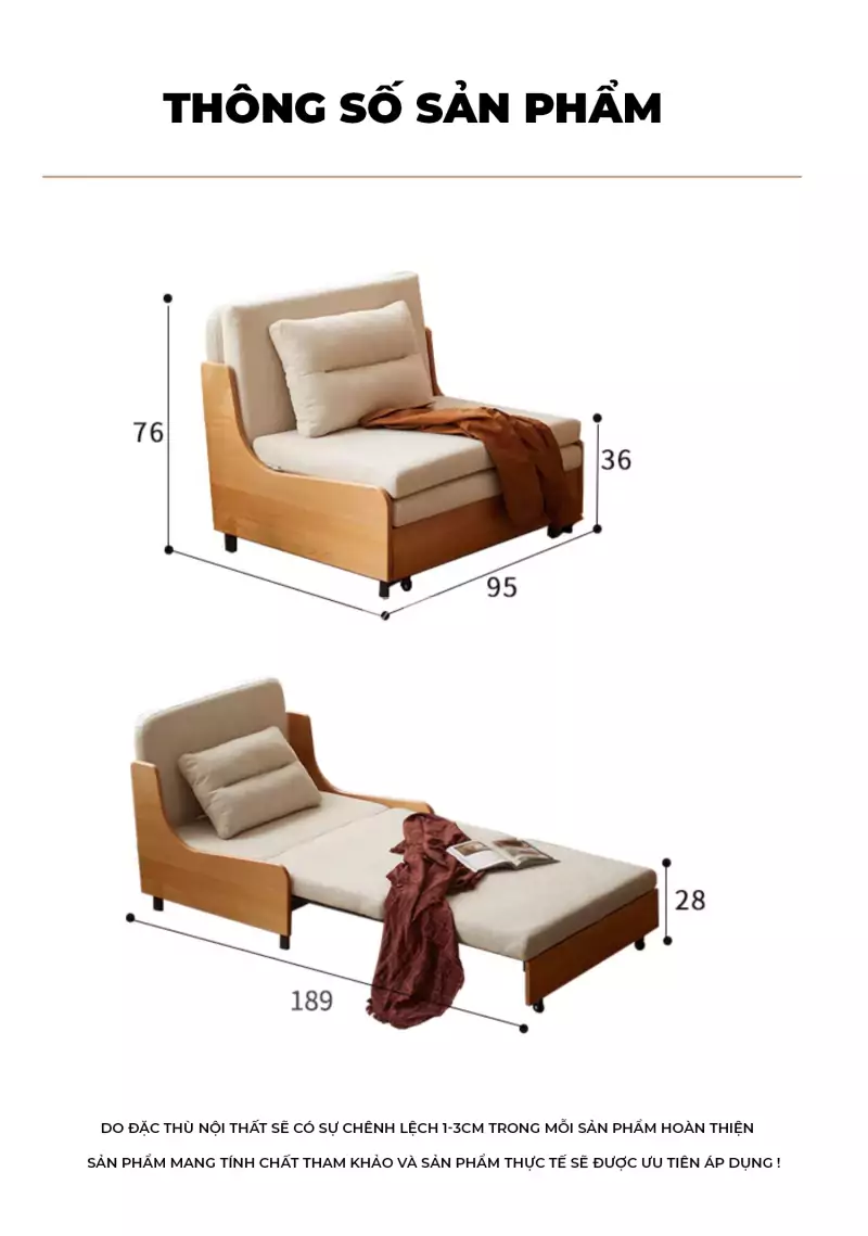 kích thước chi tiết của Sofa bed thiết kế hiện đại, thanh lịch SB11