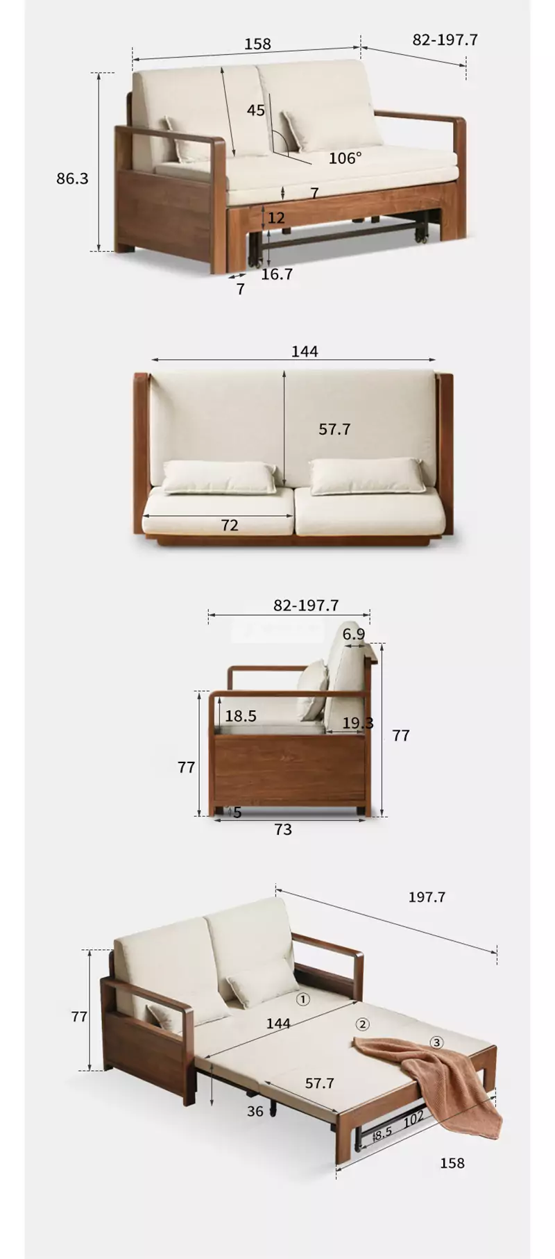 kích thước chi tiết của Sofa bed thiết kế linh hoạt, hiện đại SB07