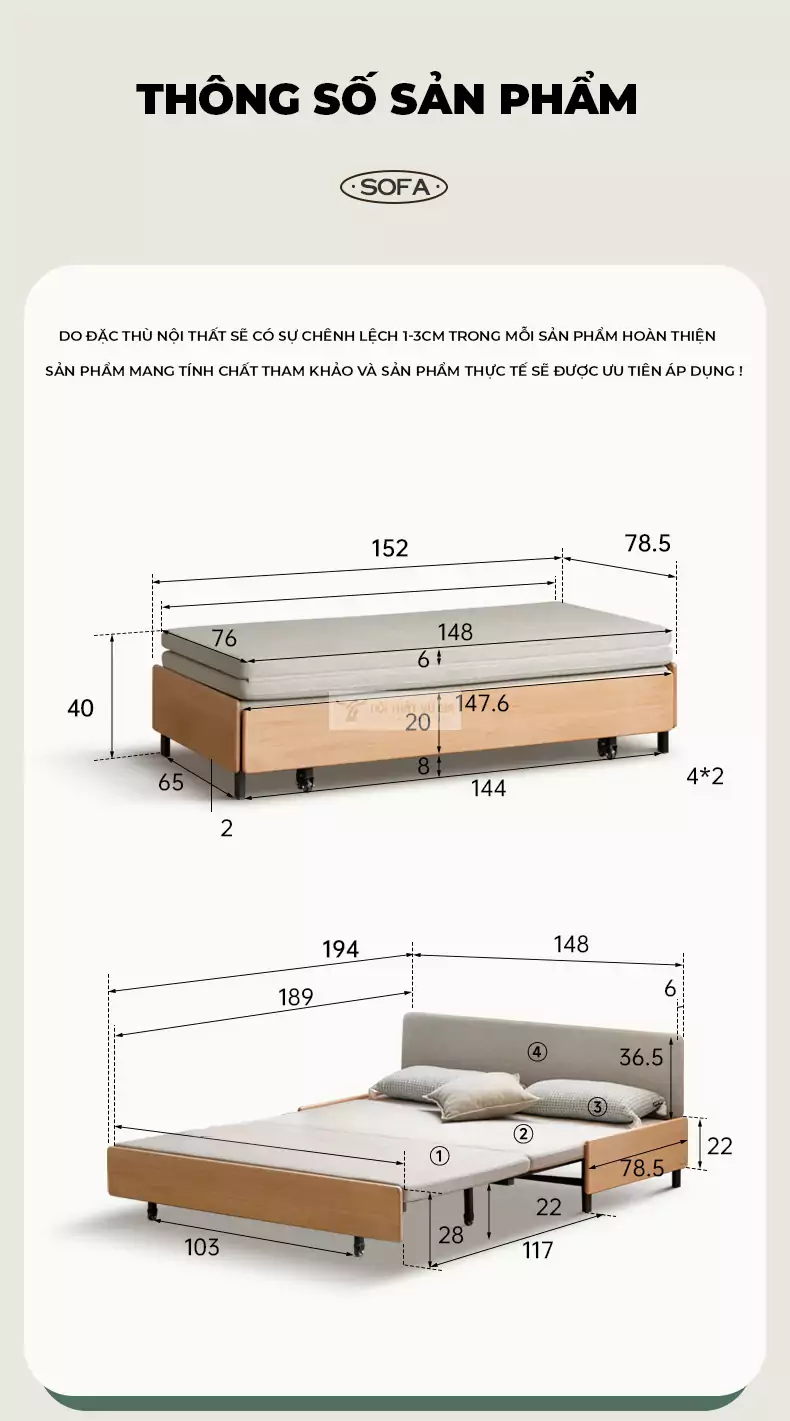 kích thước chi tiết của Sofa bed thiết kế tối giản, hiện đại SB09