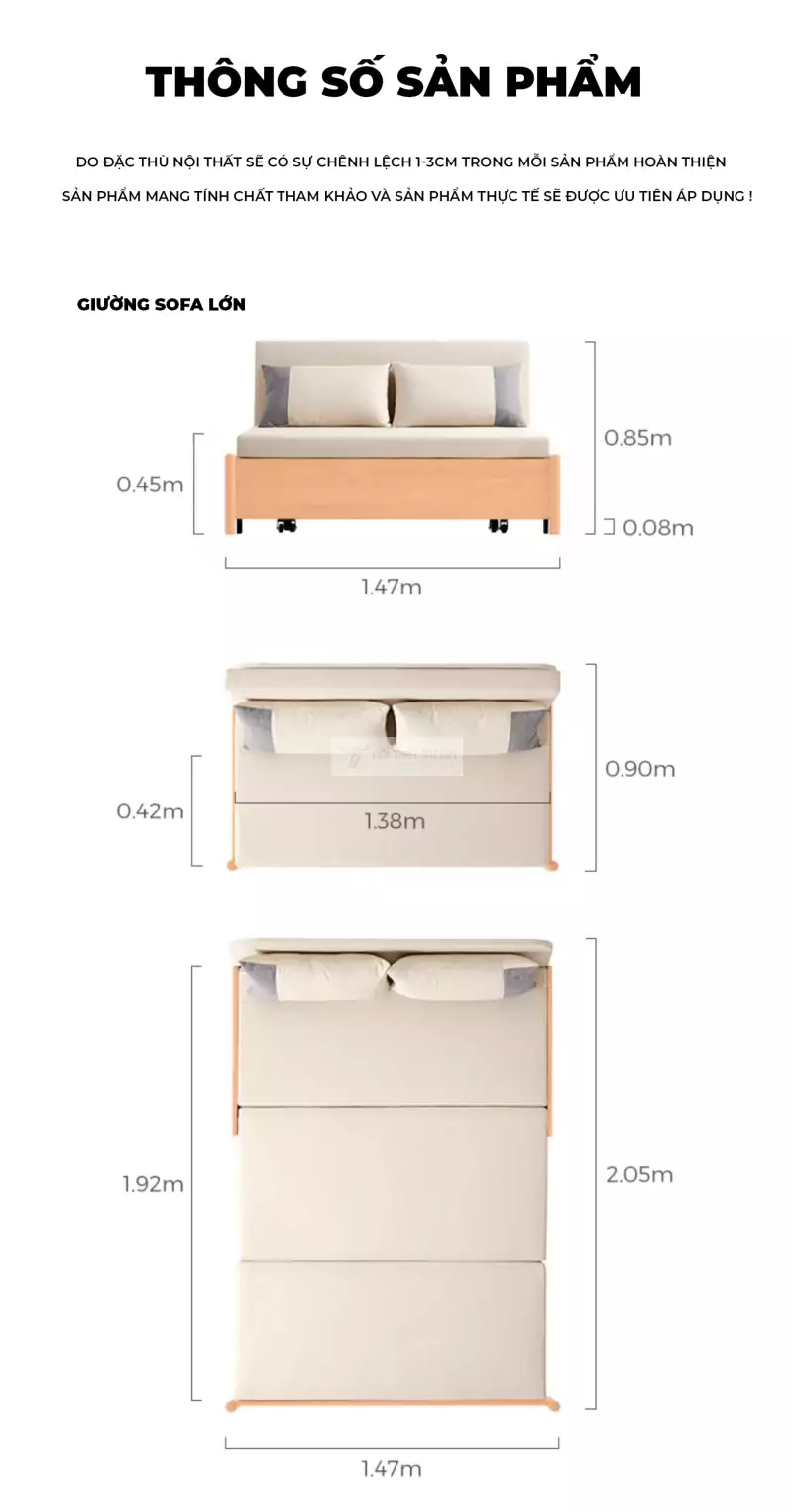 kích thước chi tiết của Sofa bed thiết kế tùy chỉnh linh hoạt, hiện đại SB10