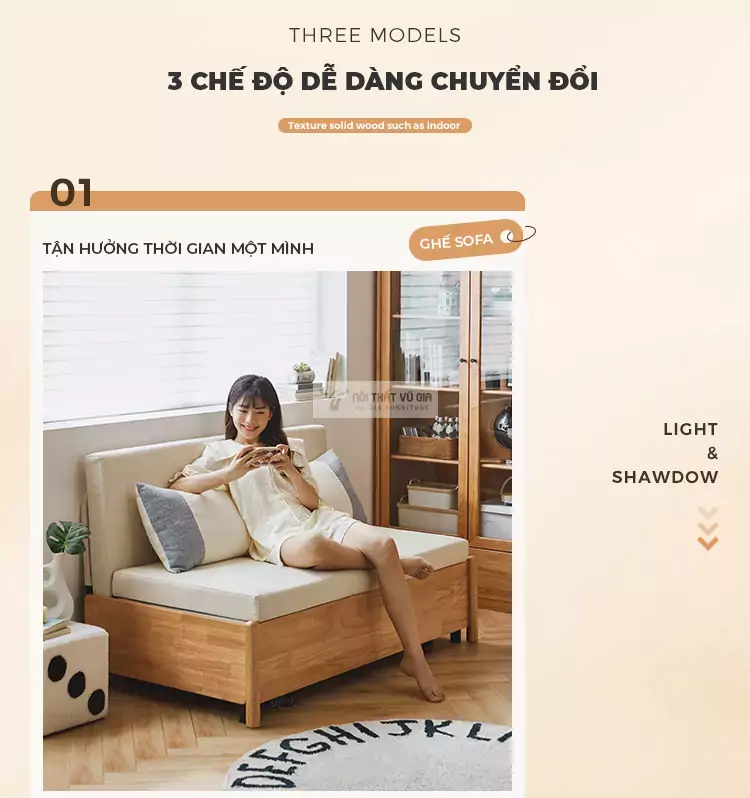 3 chế độ tích hợp của Sofa bed thiết kế tùy chỉnh linh hoạt, hiện đại SB10