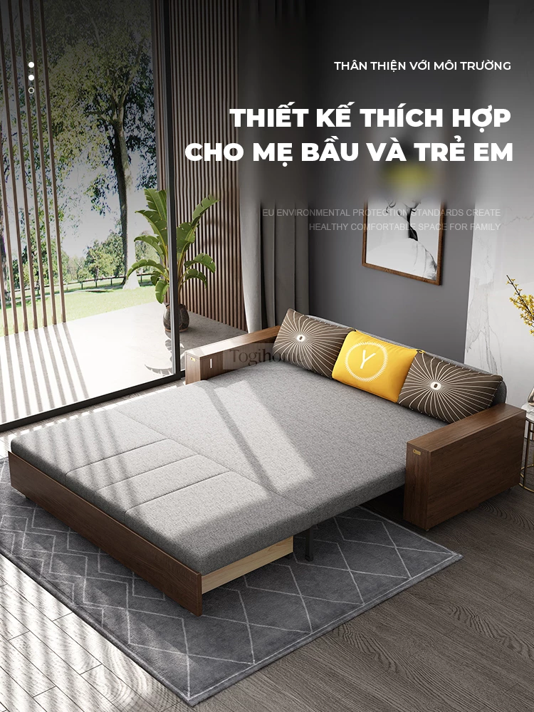 Sofa Giường Kết Hợp Bàn Gấp Gọn Gỗ Tự Nhiên TOGI Smart M39 – Giải pháp tối ưu cho không gian nhỏ với thiết kế 3 trong 1: sofa, giường ngủ và bàn gấp gọn tiện lợi. Chất liệu gỗ tự nhiên cao cấp, bền đẹp, an toàn cho sức khỏe. Đệm êm ái, dễ dàng chuyển đổi chế độ sử dụng. Kiểu dáng hiện đại, phù hợp với nhiều phong cách nội thất.