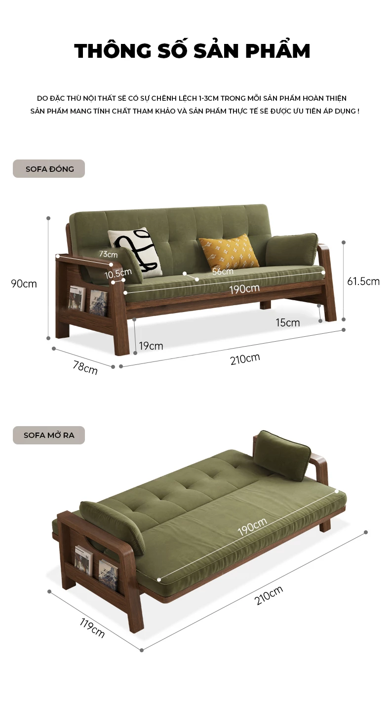 Sofa Giường Mở Rộng Gỗ Tự Nhiên Haigo SOF273