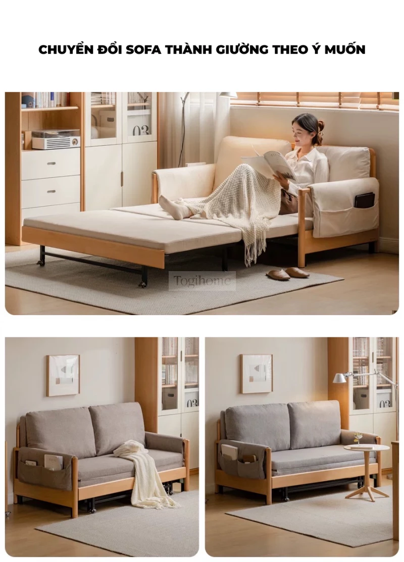 Sofa Giường Tích Hợp Túi Để Đồ Hiện Đại TOGI Smart M49 – thiết kế thông minh, tích hợp túi lưu trữ tiện lợi. Chuyển đổi linh hoạt giữa sofa và giường, tiết kiệm không gian. Chất liệu gỗ tự nhiên bền đẹp, phong cách hiện đại. Lựa chọn hoàn hảo cho phòng khách nhỏ, chung cư, homestay!