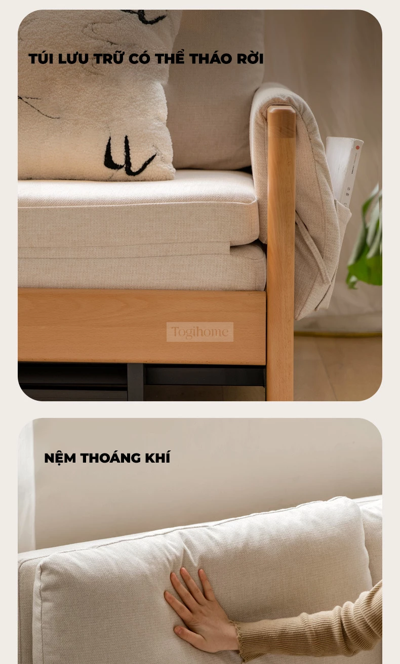 Sofa Giường Tích Hợp Túi Để Đồ Hiện Đại TOGI Smart M49 – thiết kế thông minh, tích hợp túi lưu trữ tiện lợi. Chuyển đổi linh hoạt giữa sofa và giường, tiết kiệm không gian. Chất liệu gỗ tự nhiên bền đẹp, phong cách hiện đại. Lựa chọn hoàn hảo cho phòng khách nhỏ, chung cư, homestay!
